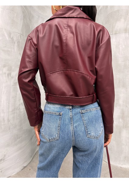 Kemerli Oversize Crop Deri Ceket