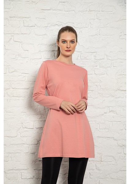 Kadın Pembe Renkli Uzun Kol Pamuklu Bisiklet Yaka Penye Tunik-Içlik SLM32