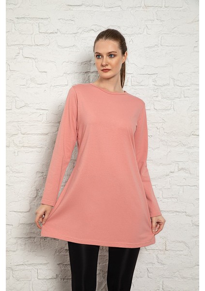 Kadın Pembe Renkli Uzun Kol Pamuklu Bisiklet Yaka Penye Tunik-Içlik SLM32 fiyatları
