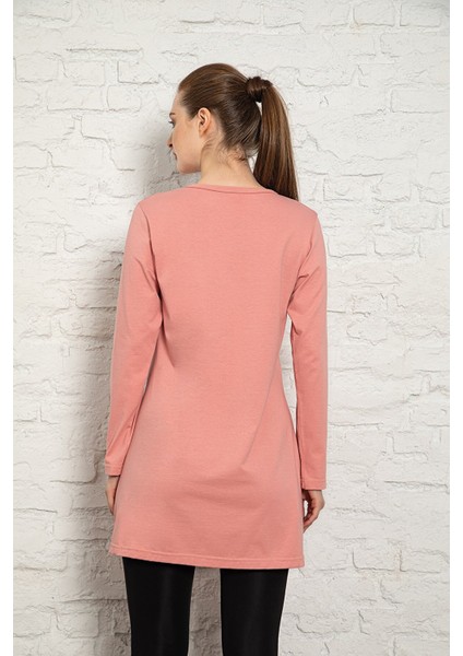Kadın Pembe Renkli Uzun Kol Pamuklu Bisiklet Yaka Penye Tunik-Içlik SLM32 modelleri