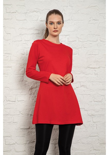 Kadın Kırmızı Renkli Uzun Kol Pamuklu Bisiklet Yaka Penye Tunik-Içlik SLM29