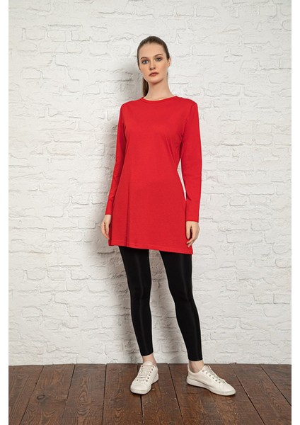 Kadın Kırmızı Renkli Uzun Kol Pamuklu Bisiklet Yaka Penye Tunik-Içlik SLM29 fiyatları