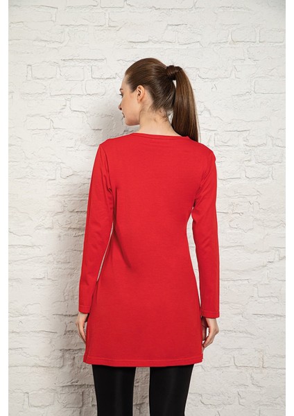 Kadın Kırmızı Renkli Uzun Kol Pamuklu Bisiklet Yaka Penye Tunik-Içlik SLM29 modelleri