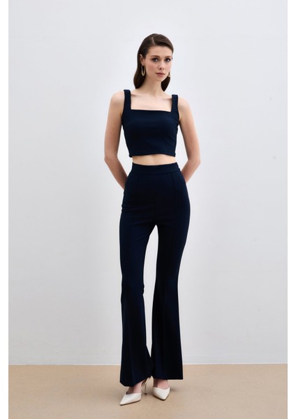 Kare Yaka Crop Bluz - Lacivert modelleri