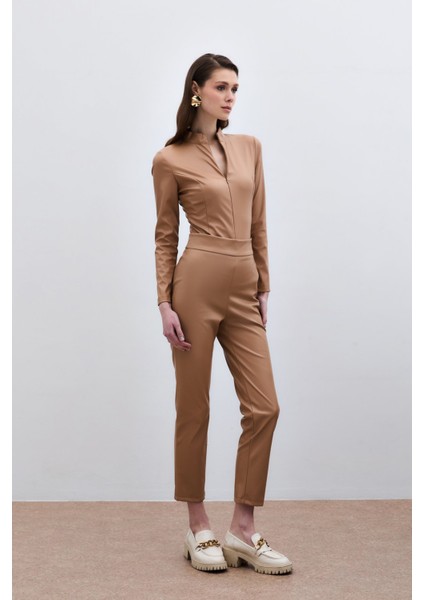 Yüksek Bel Deri Pantolon - Camel modelleri