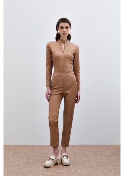 Yüksek Bel Deri Pantolon - Camel