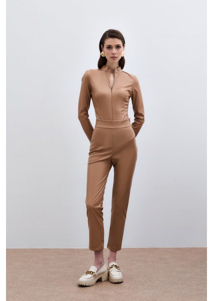 Yüksek Bel Deri Pantolon - Camel fiyatları