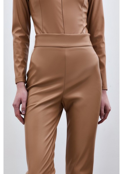 Yüksek Bel Deri Pantolon - Camel fırsatları