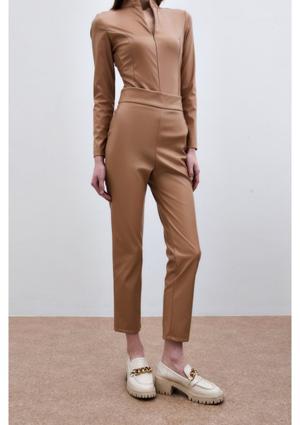 Yüksek Bel Deri Pantolon - Camel indirimleri