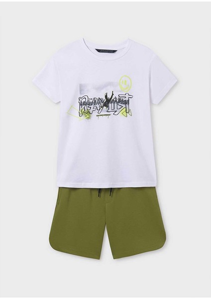 Yazlık Erkek Çocuk Yeşil Yemalı Baskılı T-Shirt Şort 2'li Takım - Beyaz