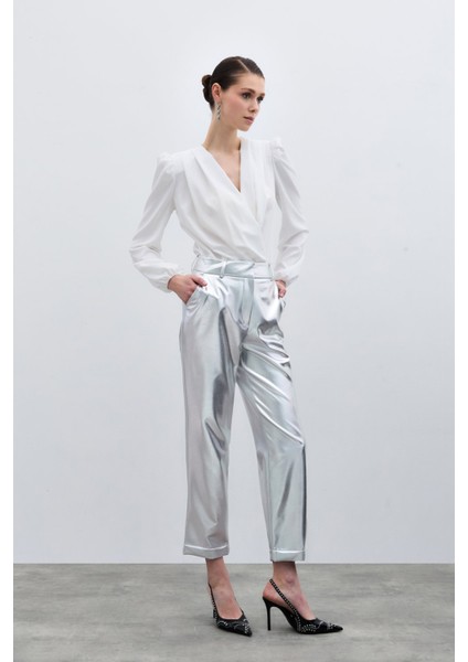Yüksek Bel Parlak Pantolon - Gümüş