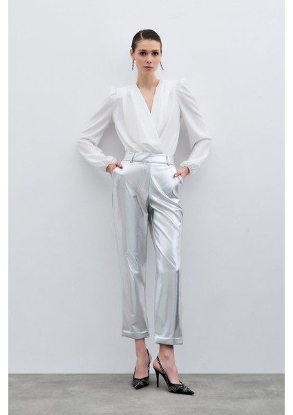 Yüksek Bel Parlak Pantolon - Gümüş fiyatları