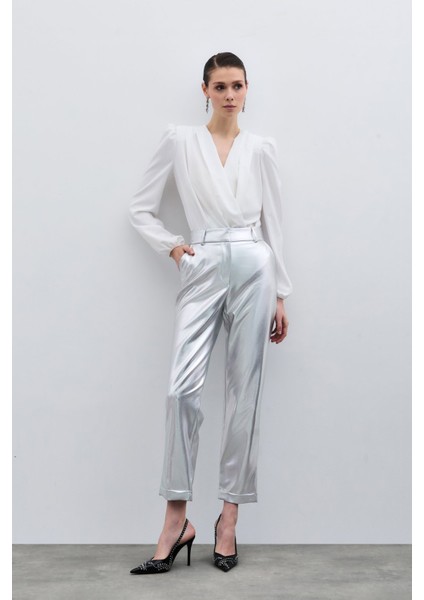 Yüksek Bel Parlak Pantolon - Gümüş fırsatları