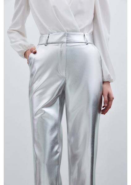 Yüksek Bel Parlak Pantolon - Gümüş indirimleri