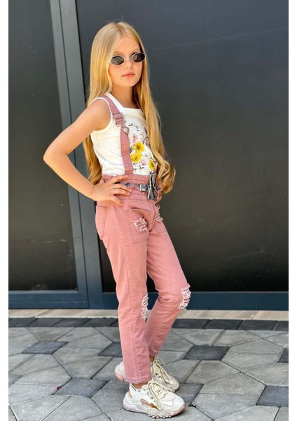 Kız Çocuk Kare Yaka Kolsuz Çiçek Baskılı T-Shirt Yırtmaç Detaylı Gül Kurusu Jean Salopet Takım