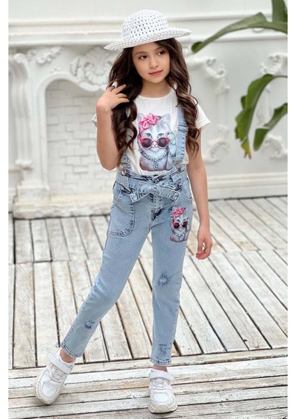 Kız Çocuk Üzeri Digital Baskılı T-Shirt Yırtmaç ve Kedi Detaylı Mavi Jean Salopet Takım
