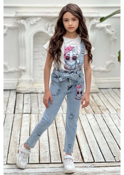Kız Çocuk Üzeri Digital Baskılı T-Shirt Yırtmaç ve Kedi Detaylı Mavi Jean Salopet Takım modelleri