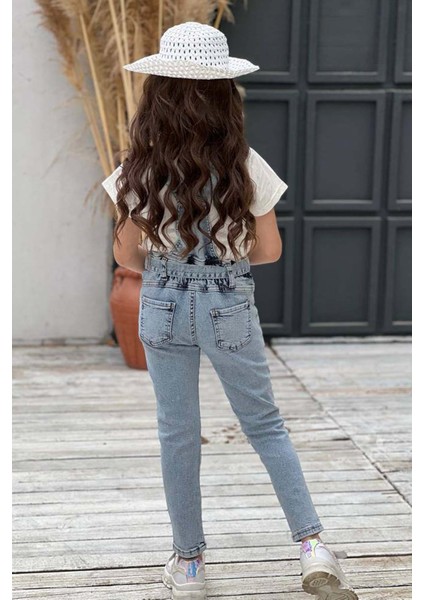 Kız Çocuk Üzeri Digital Baskılı T-Shirt Yırtmaç ve Kedi Detaylı Mavi Jean Salopet Takım fırsatları