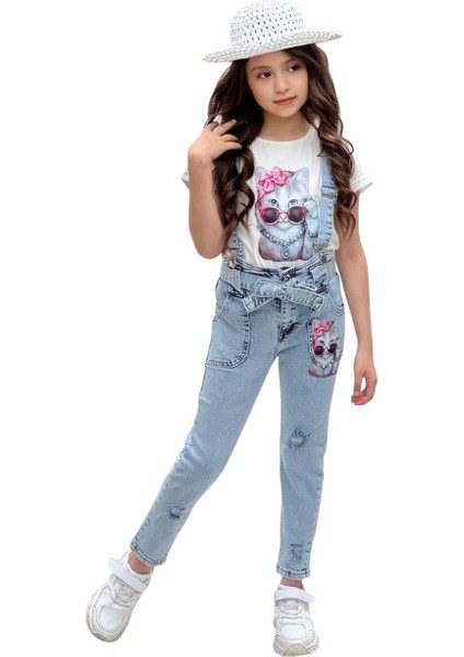 Kız Çocuk Üzeri Digital Baskılı T-Shirt Yırtmaç ve Kedi Detaylı Mavi Jean Salopet Takım indirimleri