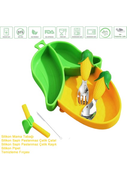 Mısır Figürlü Vakumlu Silikon Mama Tabağı, Silikon Saplı Çelik Uçlu Çatal ve Kaşık