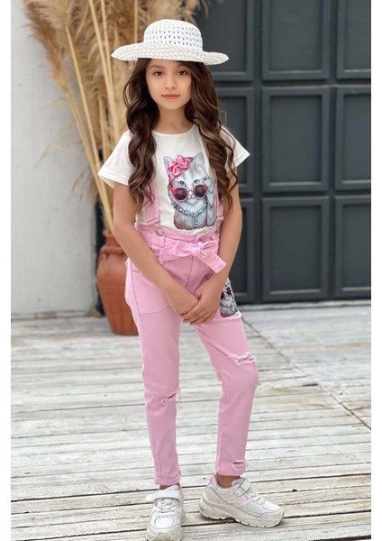 Kız Çocuk Üzeri Digital Baskılı T-Shirt Yırtmaç ve Kedi Detaylı Pembe Jean Salopet Takım