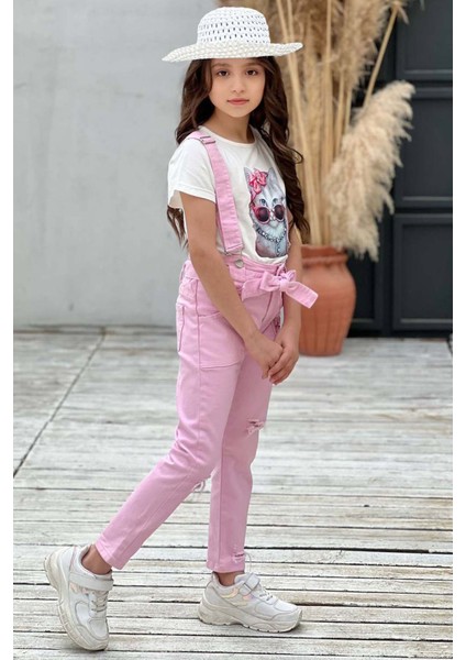 Kız Çocuk Üzeri Digital Baskılı T-Shirt Yırtmaç ve Kedi Detaylı Pembe Jean Salopet Takım