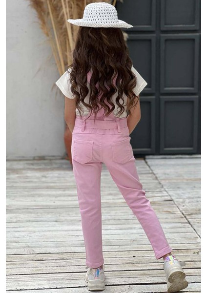 Kız Çocuk Üzeri Digital Baskılı T-Shirt Yırtmaç ve Kedi Detaylı Pembe Jean Salopet Takım
