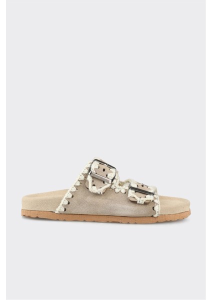 Bej Deri Kadın Düz Terlik