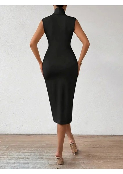 Kadın Sıfır Kol Derin V Yakalı Ithal Krep Elbise indirimleri