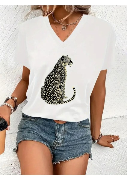 Kadın V Yaka Beyaz Siyah T-Shirt Baskılı Oversize Salaş