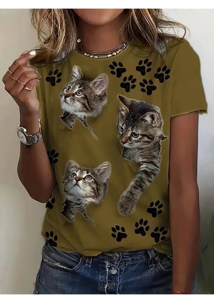 Kadın Kısa Kollu Kedi ve Pati Baskılı Süprem T-Shirt modelleri