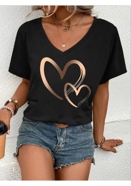 Kadın V Yaka Beyaz Siyah T-Shirt Baskılı Oversize Salaş