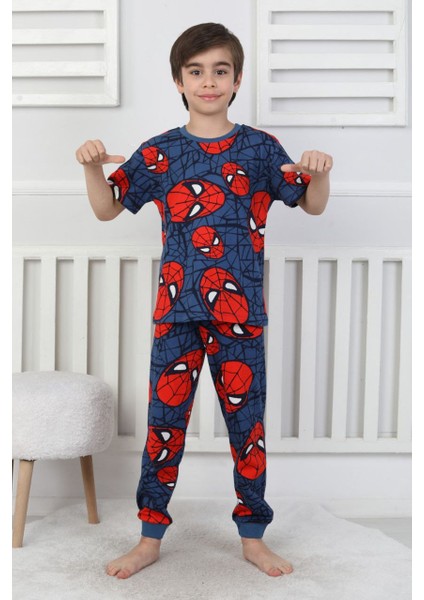 Erkek Çocuk Örümcek Adam Desenli Yazlık Pijama Takımı %100 Pamuk Süprem Penye 3-13 Yaş