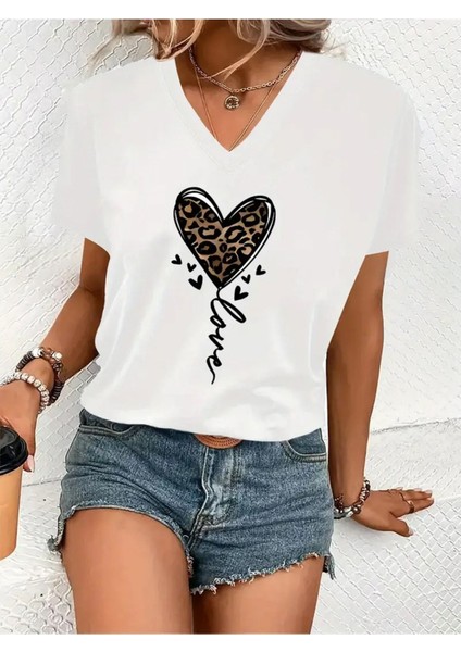 Kadın V Yaka Beyaz Siyah T-Shirt Baskılı Oversize Salaş