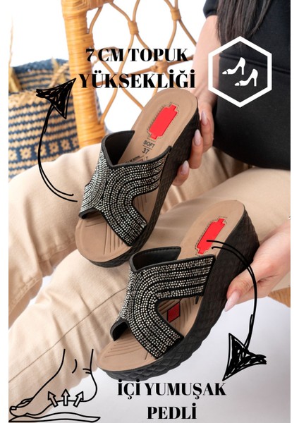 Kadın Taşlı Dolgu Topuk Terlik Ortopedik Günlük Terlik Rahat Şık Topuklu Terlik