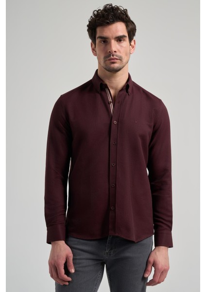 Uzun Kol Desenli Armürlü Düğmeli Yaka Cepsiz Pamuklu Casual Slim Fit Gömlek 1004250206