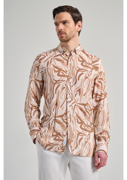 Koyu Kahverengi Uzun Kol Baskılı Düğmeli Yaka Cepsiz Casual Slim Fit Gömlek 1004250138 modelleri