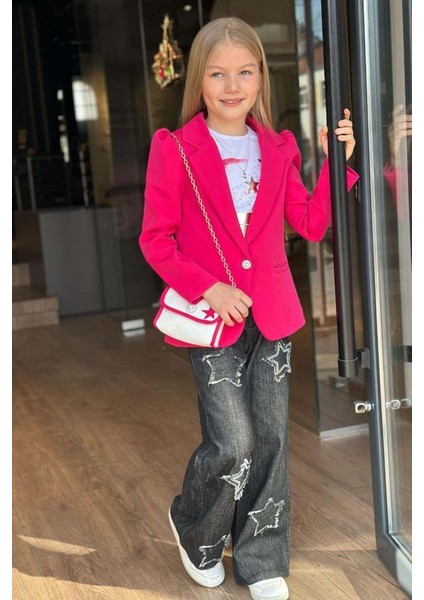 Kız Çocuk Baskılı T-Shirt Bol Kesim Yıldız Detaylı Jean Pantolon Fuşya Blazer Ceket Alt Üst Takım fiyatları