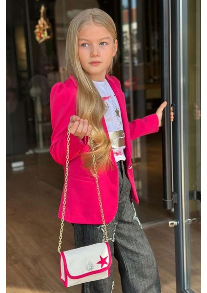 Kız Çocuk Baskılı T-Shirt Bol Kesim Yıldız Detaylı Jean Pantolon Fuşya Blazer Ceket Alt Üst Takım modelleri