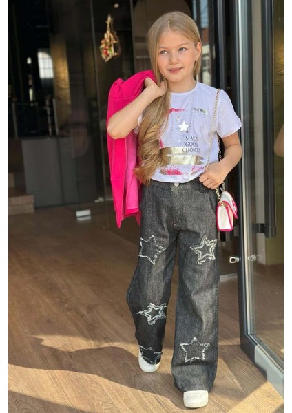Kız Çocuk Baskılı T-Shirt Bol Kesim Yıldız Detaylı Jean Pantolon Fuşya Blazer Ceket Alt Üst Takım fırsatları