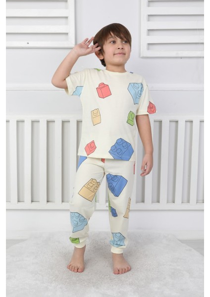 Erkek Çocuk Oyun Blokları Desenli Yazlık Pijama Takımı %100 Pamuk Süprem Penye 3-13 Yaş
