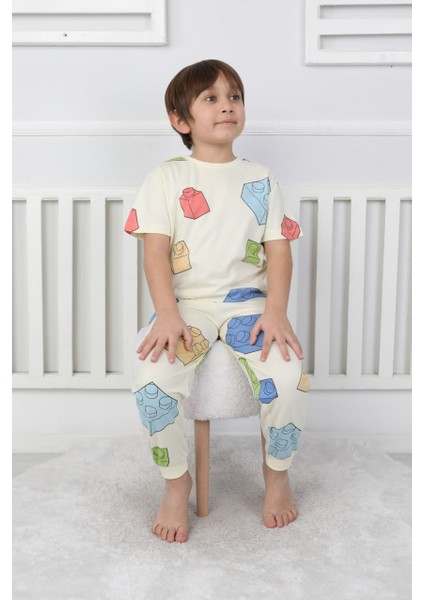 Erkek Çocuk Oyun Blokları Desenli Yazlık Pijama Takımı %100 Pamuk Süprem Penye 3-13 Yaş
