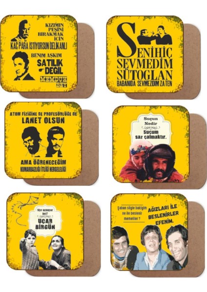 Yeşilçam Temalı-4 Retro Ahşap Bardak Altlığı Seti 6 Adet