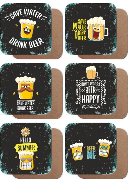 Emojili Temalı Ahşap Bardak Altlığı Seti 6lı