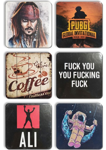 6'lı Takım Kare Johnny Depp Pubg Coffee Uzay Muhammed Ali Bardak Altlıkları(10 X10 Cm)
