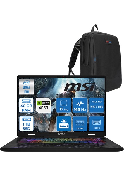Msı Pulse 17 Aı Intel Core Ultra 7 155H 40GB Ddr5 1tb SSD 8GB/RTX4060/140W 17" IPS Wuxga 165Hz WIN11HOME Taşınabilir Bilgisayar C1083XTRH12 + Zettaçanta