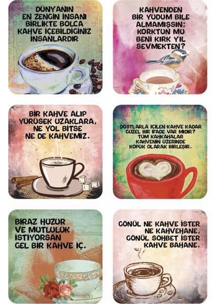Kahve Sözleri Bar Kafe Mutfak Dekorasyonu Için Estetik Retro 6lı Ahşap Bardak Atlığı Seti