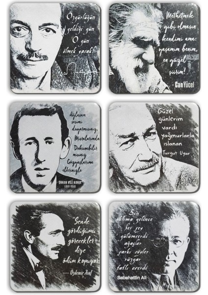 6'lı Takım Kare Yazarlar Serisi Bardak Altlıkları(10 X10 Cm)