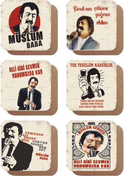Arabeskin Kralı Müslüm Gürses Müslüm Baba Temalı 6lı Retro Ahşap Bardak Altlığı Seti