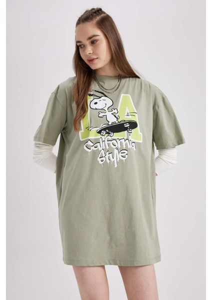 Coool Snoopy Oversize Fit Penye Mini Kısa Kollu %100 Pamuk Elbise Green